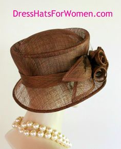 Sinamay Straw Fashion Hat For Women Fitted Sinamay Straw Hat With Curved Brim, Fitted Sinamay Boater Hat With Curved Brim, Fitted Brown Hat For Kentucky Derby, Fitted Sinamay Boater Hat With Flat Brim, Fitted Brown Top Hat With Flat Brim, Brown Fitted Top Hat With Flat Brim, Fitted Brown Brimmed Top Hat, Brown Fitted Fedora For Kentucky Derby, Fitted Brown Top Hat With Short Brim