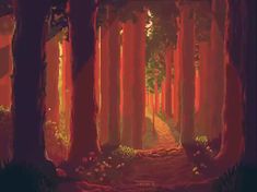 a digital painting of a path through a forest with tall trees and bright orange lights