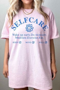 SELF CARE OVERSIZED GRAPHIC TEEPREMIUM COTTONOVERSIZED FIT Comfortable Pink Tops For Spring, Comfortable Pink Crew Neck Top, Casual Graphic Print Sleepwear With Crew Neck, Comfortable Pink Cotton Top, Pink Tops With Funny Print For Loungewear, Casual Sleepwear With Graphic Print And Crew Neck, Pink Graphic Tee For Loungewear, Pink Top With Funny Print For Loungewear, Pink Relaxed Fit Tops With Slogan