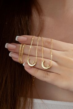 Crescent Moon Letter Necklace, Tiny Gold Diamond Initial Necklace, 14k 18k 10k Solid Gold Necklace, Personalized Birthday Gift for Her FEATURES * Solid Gold (real gold, not gold plated or gold filled material) * Gold Karat: 10K (417) - 14K (585) - 18K (750) (optional) * Pendant Height: 0.56 Inches (1.41 cm) * Pendant Width: 0.52 Inches (1.33 cm) * Available Gold Color: Yellow gold, rose gold and white gold (optional) * Diamond color: G-H Color * Diamond clarity: SI Wholesale requests are welcome Fine Jewelry Moon-shaped Gift, Gold Moon Shaped Jewelry For Formal Occasions, Moon Shaped Fine Jewelry Gift, Formal Gold Moon-shaped Jewelry, Formal Gold Moon Shaped Jewelry, Formal Yellow Gold Moon-shaped Jewelry, Formal Yellow Gold Moon Jewelry, Personalized Crescent Necklace For Gift, 14k Gold Moon Phase Jewelry For Anniversary