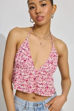 Madison Apron Back Halter Top, Boho Floral V-neck Tie Back Tank Top For Beach, Summer V-neck Halter Top For Day Out, T-back Tie Back Halter Top For Vacation, Vacation Tops With Tie Back And Backless Shape, Vacation Tops With Tie Back And Backless Design, Vacation Backless Top With Tie Back, Vacation Tie Back Backless Tops, Summer T-back Tank Top With Built-in Bra, V-neck Halter Top With Built-in Bra For Vacation