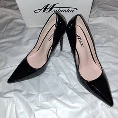 New From Overstock Europe - Ships From Arizona - Size 37 Eu Or 6.5-7 Us - New In Box Black Shiny Sexy Stilettos With 4 Inch Heel - Pointy Toe Shoe Super Sexy Perfect For Jeans Or Formal Black Fitted Court Shoes With 4-inch Heel, Black Pointed Toe Synthetic Heels, Black Synthetic Pointed Toe Heels, Black Pointed Toe Heels Fitted, Fitted Black Pointed Toe Heels, Black High Heel Synthetic Court Shoes, Black Synthetic Pointed Toe Court Shoes, Black Court Shoes With Round Toe For Night Out, Sleek Black Court Shoes For Party