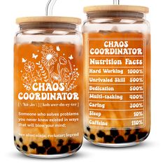 two jars with labels on them that say chaos coordination and the label says nutrition fact