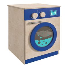 a wooden toy washing machine with blue paint on it's front and side doors