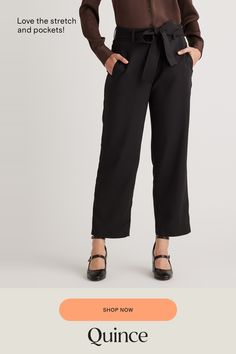 Update your wardrobe with an always-chic paperbag pant. With a little stretch, plenty of pockets, and a removable belt, this will become your go-to pant. Easily dress up or down!  | Quince | Women's Stretch Crepe Paperbag Pants in Black, Size 10, Polyester Style Pant, Paperbag Pants, Update Your Wardrobe, Sell Gold, Stretch Crepe, Black Sand, Mulberry Silk, Store Fronts, Quince