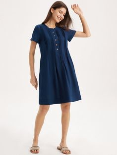 Come to Shopcozy to buy Dresses at a discounted price, SPU: 449ADRAGA94B, Color: Deep Blue, Edition type:Regular Fit, Style:Linen. Casual A-line Dress With Pleated Waist, Relaxed Fit Mini Dress With Buttons, Casual Short Sleeve Dress With Pleated Waist, Casual Fitted Dress With Pleated Hem, Navy Casual Dress With Buttons, Casual Pleated Shift Dresses, Casual Shift Pleated Dresses, Casual Mid-length Pleated Dress, Casual Navy Dress For Workwear