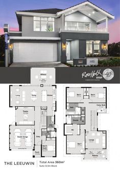 two story house plan with 3 car garage and attached living room, bedroom and dining area