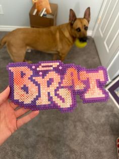 a dog standing next to a person holding up a piece of bead art with the letter e on it