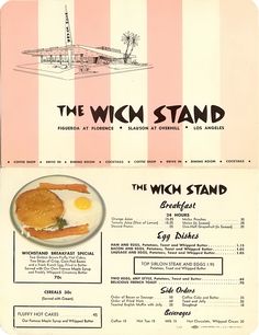 an old menu from the wick stand restaurant in los angeles, ca with fried eggs