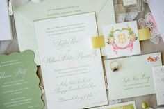 the wedding stationery is laid out neatly