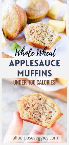 an apple muffin is being held up in front of the camera with text overlay