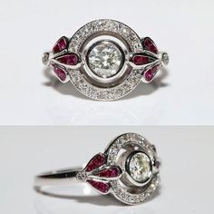 "Description: Main Stone:   Simulant  Diamond, Moissanite Main Stone Shape: Round Cut  Main Stone Color- White Side Stone Colour: Ruby Side Stone:  Simulant  Diamond Metal Customization: 1. Silver: 935 Argentium Silver  Metal / Colour / Purity Detailed Options:- 925 SL - 925 Sterling Silver  W/G - White Gold Y/G - Yellow Gold R/G - Rose Gold CZ Diamond - Simulant Diamond Size Customization: What Size you want... * You can also Customize ring size in US 4 to US 12! It sometimes affects to price. Round Art Deco Engagement Ring, Estate Rings Vintage, Art Deco Jewellery, Estate Jewelry Rings, Edwardian Engagement Ring, Vintage Art Deco Rings, Pink Ruby, Bezel Set Ring, Stone Colour