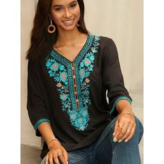 Bohemian Blouse With Embroidered Hem And V-neck, Bohemian V-neck Blouse With Embroidered Hem, Bohemian Embroidered Blouse With 3/4 Sleeves, Black Embroidered Long Sleeve Peasant Top, Bohemian Embroidered V-neck Blouse, Embroidered Tunic Top, Embroidered Tunic, Women Shirts Blouse, Floral Blouse