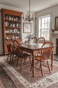 a dining room table and chairs with an area rug on the floor in front of it