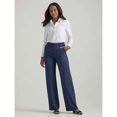 Add a little extra personality to your business casual wardrobe with the Lee® Ultra Lux Comfort Pant. These slacks are built to combine the best of style and comfort, with a sleek design that feels more like wearing lounge wear to the office. They come with a wide leg that fits perfectly all the way to the waist, and gives your legs plenty of room to move. Pair them with a flowy blouse for a look that's as comfortable as it is stylish. 67% Rayon, 28% Nylon, 5% Spandex. Emperor Navy. 2 W / 33 Inc Business Casual Wardrobe, Riders Jacket, Pants Women Fashion, Vintage Vest, Flowy Blouse, Wide Leg Pant, Vintage Shorts, Casual Wardrobe, Fashion Pants