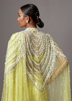 Our signature cape saree silhouette embroidered with exquisite baroque pearls and crystals. Scallop Saree, Saree Silhouette, Sequin Cape, Arabian Dress, Cape Wedding Dress, Desi Clothes, Engagement Outfits, Embroidery Designs Fashion, Western Wedding