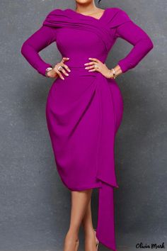 Olivia Mark - Elegant Blue Patchwork Fold with Asymmetrical Collar - Solid Color Dresses Collar Dresses, Elegant Bodycon Dress, Asymmetrical Collar, Long Sleeve Sheath Dress, Pencil Skirt Dress, Ruched Midi Dress, Solid Color Dress, Elegant Dresses For Women, African Dresses For Women