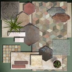 an overhead view of some tiles and a potted plant on the floor with other items