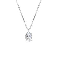 Oval Solitaire Diamond Pendant - 18K White Gold. A beautiful diamond is prong-set in this elegant pendant style, which glides smoothly along a lustrous cable chain. Elegant Solitaire Necklace With Oval Pendant For Formal Occasions, Elegant Formal Solitaire Necklace With Oval Pendant, Elegant Oval Pendant Solitaire Necklace For Formal Occasions, Elegant Solitaire Oval Pendant Necklace With Diamond Cut, Elegant Solitaire Necklace With Diamond Accents In Oval Pendant, Elegant Solitaire Necklace With Oval Diamond Cut Pendant, White Gold Diamond Necklace With Brilliant Cut Oval Pendant, Elegant Solitaire Necklace With Diamond Accents, Formal Diamond White Necklace With Oval Pendant