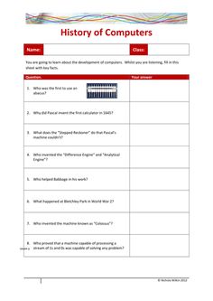 the history of computers worksheet is shown in this document, which shows an image of