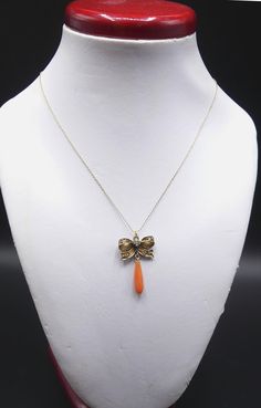 "Antique 14k gold chain and gold over sterling silver w diamonds/coral pendant necklace In good antique condition, Necklace 17\" ½ long. Pendant 1\" ¼ long ¾\" wide. Coral drop 16 mm x 4 mm. Weighs 2.8 gram. Marked 14k on the clasp. Thanks. This item ship to US only" Yellow Gold Medallion Necklace In Costume Jewelry Style, Victorian Gold Chain Jewelry As Gift, Victorian Gold Chain Jewelry Gift, Victorian Gold Chain Jewelry For Gifts, Victorian Style Gold Chain Jewelry As Gift, Hallmarked Pendant Costume Necklace, Costume Jewelry Pendant Necklace, Victorian Yellow Gold Necklace With Adjustable Chain, Antique Gold Plated Necklace For Formal Occasions