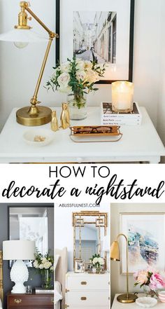 how to decorate a night stand with gold accents and white flowers on the nightstands