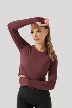 Refine Long Sleeve Top - Rose Clay – POPFLEX® Short Bra, Wardrobe Needs, Leggings Hoodie, Bra Dress, Long Sleeves Jacket, Ribbed Fabric, Cropped Tank Top, Aesthetic Girl, Long Sleeve Top