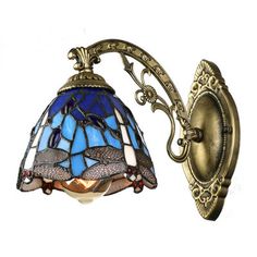 a wall light with a blue glass shade on it's arm and back end