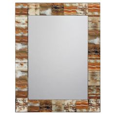 a mirror that is sitting on top of a wooden wall with an orange and white stripe