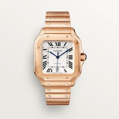 Cartier - Santos de Cartier watch - Watch Man Pink gold/Leather/Metal - Santos watch, large model, mechanical movement with automatic winding, caliber 1847 MC. Rose gold 750/1000 case, rose gold 750/1000 7-sided crown set with a faceted sapphire, silvered opaline dial, blued-steel sword-shaped hands, sapphire crystal. Bracelet in rose gold 750/1000 with “SmartLink” adjustment system. Second bracelet in alligator skin, with interchangeable rose gold 750/1000 folding buckle. Both bracelets are fit Swiss Army Watches, Alligator Skin, Cartier Santos, Cartier Watch, Cartier Men, Rose Gold Case, Mechanical Movement, Mens Luxury, Rose Gold Watch