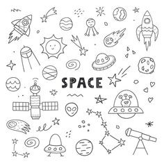 the word space surrounded by doodles and other things in black and white, including rockets