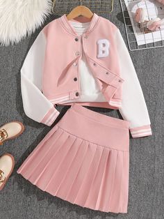 Tween Girl 2pcs Sweet Letter Printed Baseball Jacket And Pleated Skirt Set, For Spring And Autumn Pink   Long Sleeve Polyester,Knitted Fabric Geometric,Letter  Non-Stretch Fall,Spring,Spring/Fall Tween Girls Clothing, size features are:Bust: ,Length: ,Sleeve Length: Preppy Jacket, Pleated Skirt Set, Fashion Pics, Baseball Jacket, Spring And Autumn, Fashion Pictures, Girls Clothing, Spring And Fall, Letter Prints