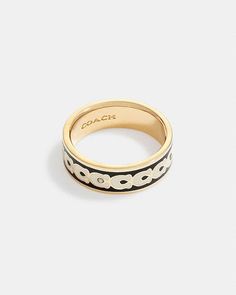 COACH®: Signature Enamel Ring Gold Enamel Ring For Anniversary, Enamel Open Ring For Anniversary, Gold Enamel Anniversary Ring, Anniversary Gold Enamel Ring, Black Enamel Ring For Anniversary, Gold Enamel Rings In Modern Style, Modern Gold Rings With Enamel, Fine Jewelry Enamel Ring Gift, Classic Enamel Ring