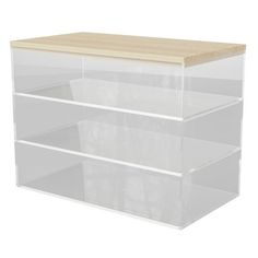 three clear plastic drawers with wooden top