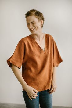 100% organic linen kimono tunic with short sleeves - your breathable summer top for women. This linen shirt has easygoing, a bit loose cut and will suit any women! Perfect for everyday, for work and leisure, for holidays and suitable for just any life moment! Organic linen fabric will make sure your skin breathes and ensure air circulation. You can choose your favorite color from 25 possible variations in the drop down menu! This linen top fabric is double washed for extra softness and has natur Oversized V-neck Shirt For Summer, Versatile Relaxed Fit T-shirt For Summer, Relaxed Fit Linen T-shirt, Relaxed Fit Conscious Style T-shirt For Summer, Short Sleeve Linen T-shirt For Loungewear, Relaxed Fit Blouse With Natural Dye For Spring, Effortless Summer Loungewear Blouse, Casual Relaxed Fit Tunic Tops, Effortless Oversized Summer T-shirt