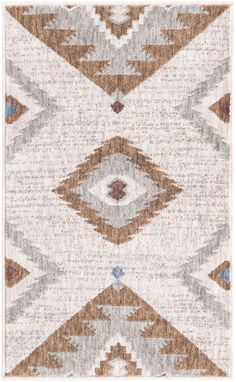 an area rug with various colors and patterns on it, including brown, white, blue and