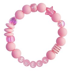 Add a sweet accent to your outfit with this adorably vibrant wrist candy. Stretchy letter bracelet with pink gumball beads & iridescent shapes Candy Rave Bracelets, Candy Raver, Pink Kandi, Master Manifestor, Candy Bracelets, Rave Bracelets, Kandi Inspo, Diy Kandi Bracelets, Diy Kandi