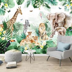 an elephant, giraffe, zebra and other animals in the jungle wallpaper mural