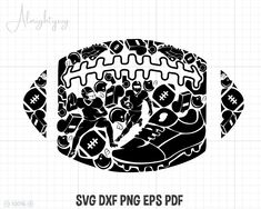 an image of a football helmet with sports items on it and the words svg dxf eps