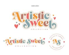 the logo for artistic sweet collection, which features hearts and words in different colors on white paper