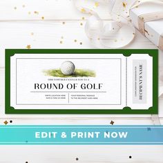 a green and white golf ticket sitting on top of a table next to a gift box