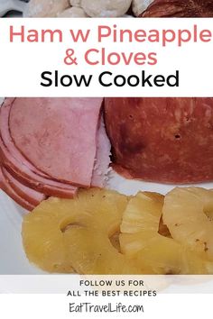 ham, pineapples and cloves on a plate with text overlay