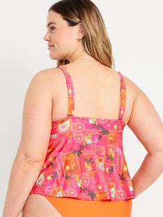 plunging v-neck adjustable straps darted bust seamed empire waist mix or match with our swim bottoms sold separately fitted at top with a flared hem that swings out high coverage models are approx.  5'9" and wear sizes s (4), l (12), and xl (18)