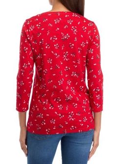 Stylish details ands a vibrant print make this top from Kim Rogers perfect for everyday occasions. | Kim Rogers Women's Printed Crew Neck Top, Red, Medium Kim Rogers, Crew Neck Top, Print Tops, Crew Neck, V Neck, Red