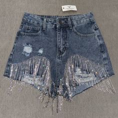 Nwt Never Been Worn Beautiful Jean Shorts With Hanging Rhinestone Detail Super Fun And Cute High Rise Shorts Rhinestone Shorts, American Flag Shorts, High Waisted Jean Shorts, Denim Cutoff Shorts, Denim Cutoffs, Distressed Jean Shorts, Blue Jean Shorts, Dark Blue Jeans, Jeans For Short Women