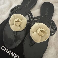 Authentic Chanel Sandals, Cc Logo Details, Camellia Collection, Very Good Condition, Come With Dust Bag Designer Patent Leather Flat Sandals, Elegant Patent Leather Flat Sandals, Elegant Flat Heel Patent Leather Sandals, Designer Patent Leather Sandals With Flat Heel, Designer Patent Leather Sandals For Spring, Shoes Chanel, Chanel Camellia, Chanel Sandals, Jelly Sandals