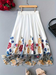 Spring Embroidered Skirted Bottoms, Embroidered Skirted Bottoms For Spring, Floral Embroidered Full Skirt For Spring, White Embroidered Maxi Skirt For Spring, Floral Embroidered Full Skirt Bottoms, Embroidered Flared Skirt For Summer, Floral Embroidered Full Skirt For Summer, Embroidered Skirted Bottoms For Summer, Spring Floral Embroidered Long Skirt