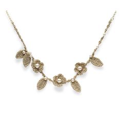 The glittering gold crochet with a pretty flower and leaf motif is adorned with Swarovski pearls, and the neck part consists of a gold-plated silver chain with a different atmosphere from the front part. The necklace is adjustable from 45-55 cm and can be easily adjusted to fit the bust opening of your outfit. size - 48cm color - gold material - polyester polyester Swarovski crystal pearl 925 silver chain Blossom Crochet, Gold Crochet, Leaf Motif, Pretty Flower, Le Crochet, Swarovski Pearls, Crystal Pearls, Gold Plated Silver, Pretty Flowers