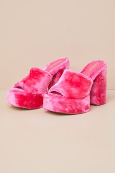 You'll make your stunning presence known the moment you strut in wearing the D'Amelio Footwear Ravina Perfectly Pink Short Faux Fur Platform Sandals! These seriously iconic heels have a fuzzy, short faux fur composition that will lend a super fun element to any night-out look. The eye-catching, slide-on silhouette features a square footbed (atop a 1.75"" toe platform), an extra-wide vamp strap, and a chunky, sky-high block heel that completes the look. 5" block heel. Lightly cushioned insole. Ru Fluffy Platform Sandals, Iconic Heels, Hot Pink Platform, Charli And Dixie, Pink Platform Sandals, Pink Platform Heels, Bright Shoes, Pink Platform, Sublimation Ideas Projects Inspiration