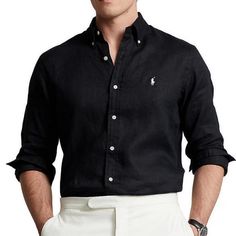 Polo Ralph Lauren Button-Down Collar Logo-Embroidered 100% Linen Shirt Slim Fit Brand New With Tags And Mr. Porter Tags Attached Designer Black Shirt With Button Cuffs, Designer Black Shirt With Button Closure, Designer Black Cotton Shirt, Classic Black Button-up Shirt, Designer Black Shirt With Spread Collar, Black Linen Button Shirt, Designer Black Shirt For Spring, Designer Black Tops With Spread Collar, Designer Black Top With Spread Collar